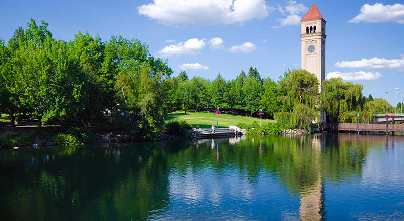 Clocktower reflection on Spokane waterfront