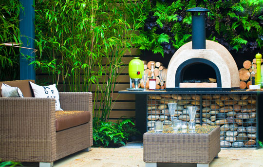 Backyard patio with pizza oven