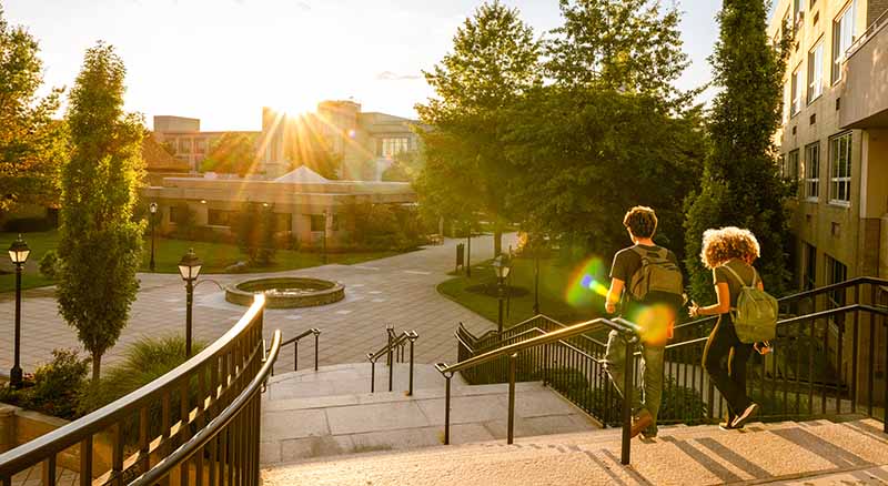 Students walking down stairs on college campus