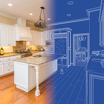 Image of renovated kitchen next to blueprints