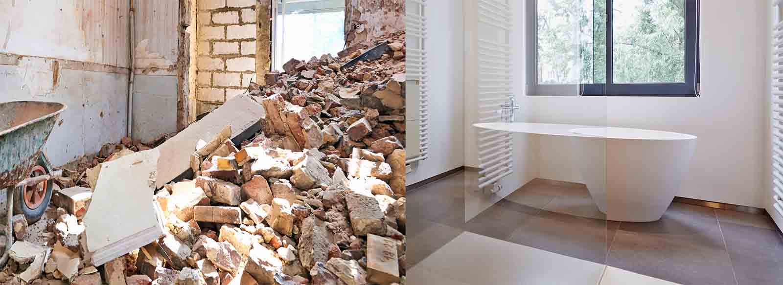 Photo of bricks and construction on left and photo of new bathroom on right