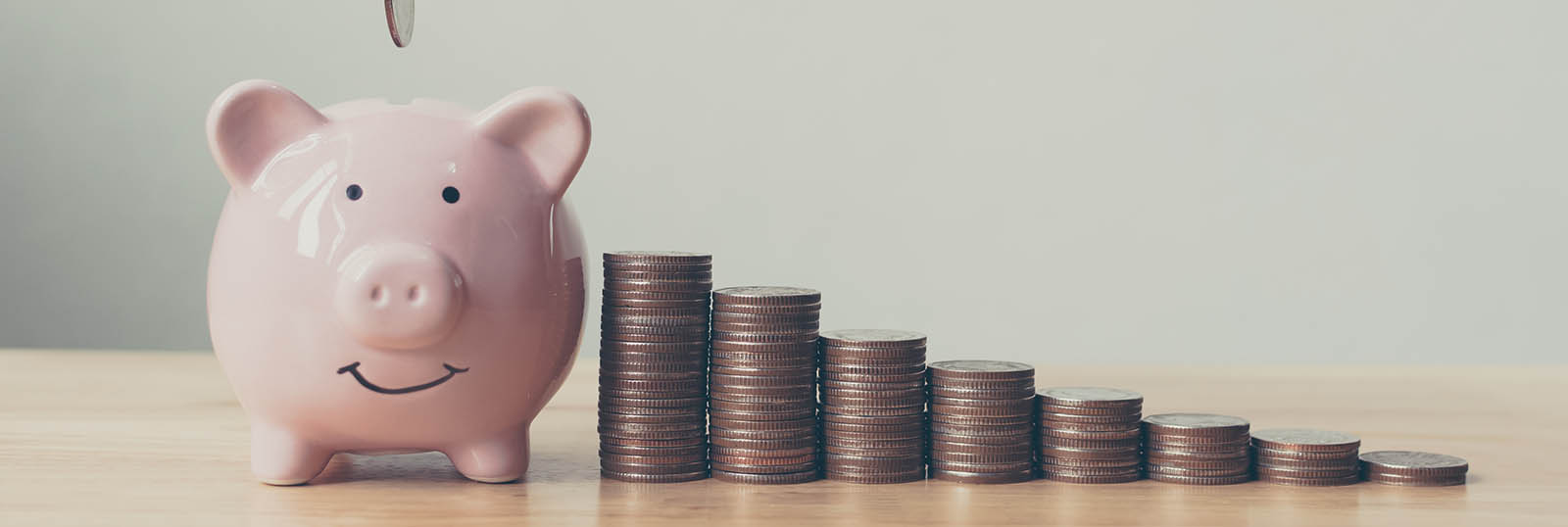Coins lined up next to piggy bank